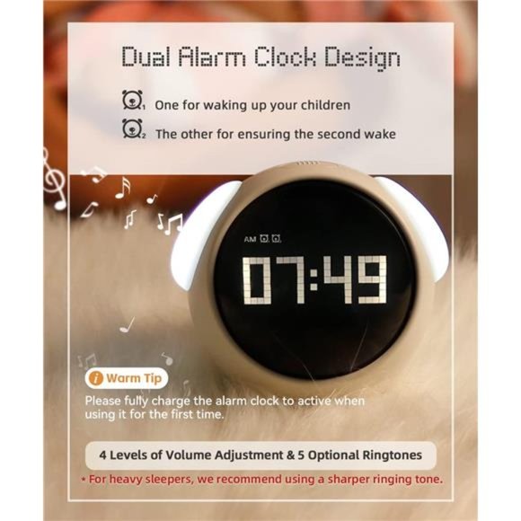 Kids Alarm Clock, Dual Alarm Setting, Adjustable Brightness Night Light, Gray - Picture 2 of 5